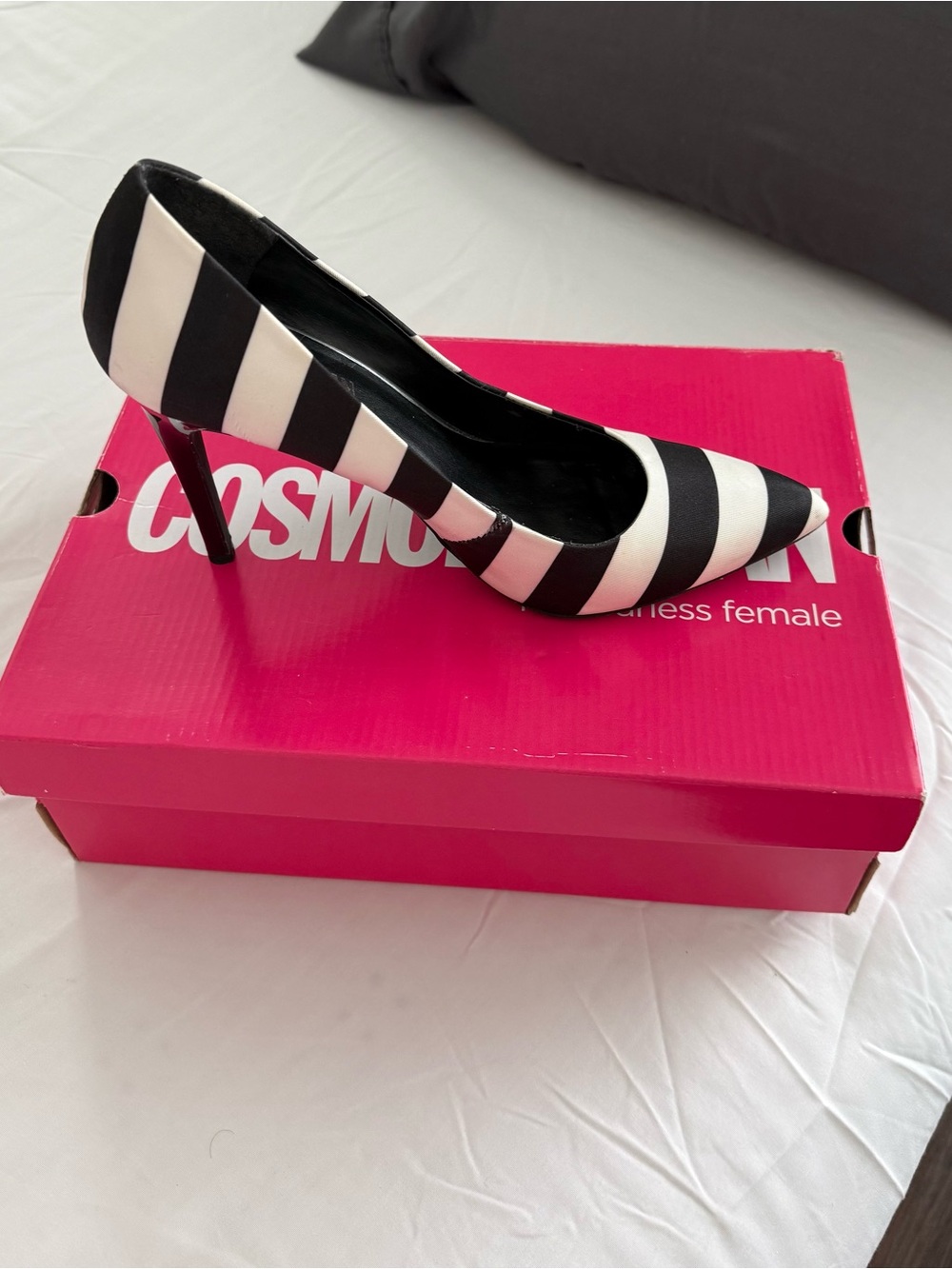 Cosmopolitan Black and White Striped Pointed Toe Pump